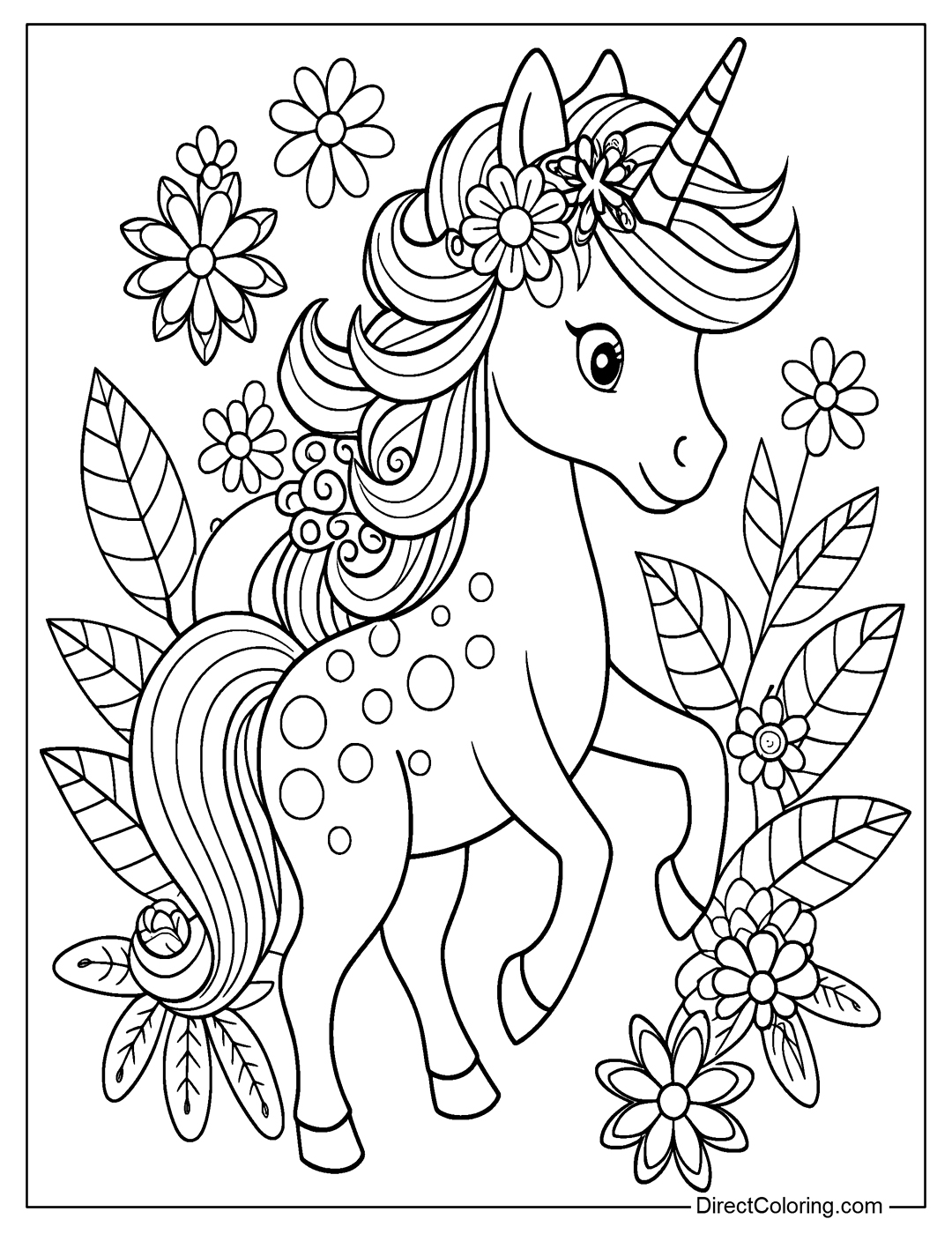 Coloring Page for Kids Unicorn with Flowers